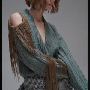 HELLESSY Marvelle Fringe Merino Wool-Blend Wrap Sweater Green and Gold Size M